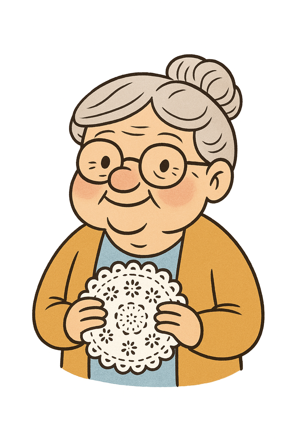 Mrs Tuppence clutching her secret doily